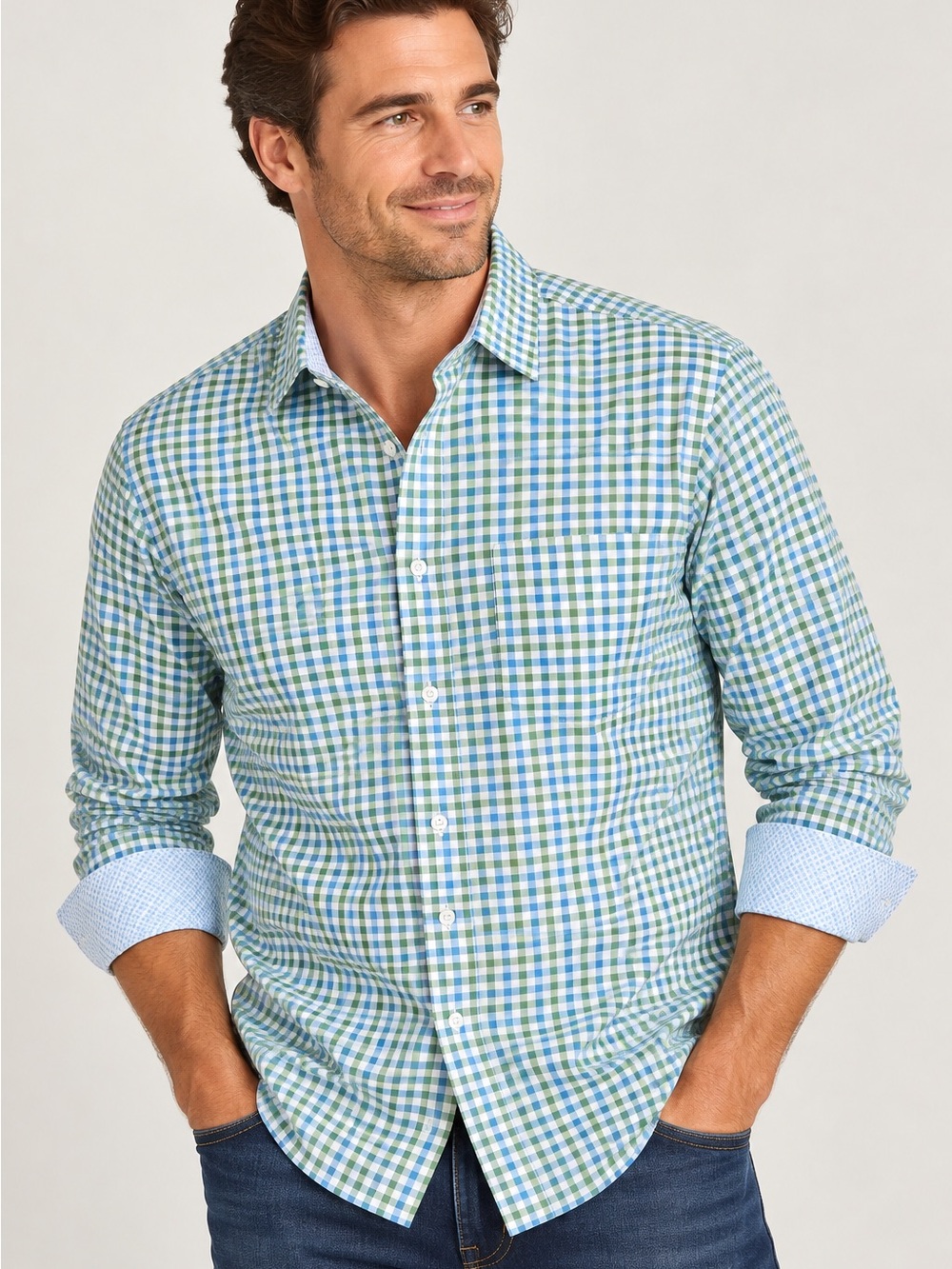 Johnston & Murphy XC4 Men’s Blue Green Gingham Cotton Shirt L 🟫